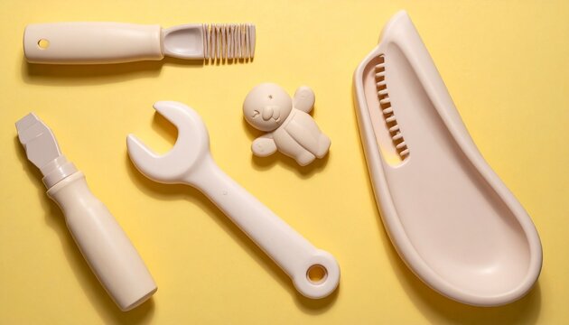 Beige Plastic Toys on Yellow Background &ndash; Children&rsquo;s Playset Concept