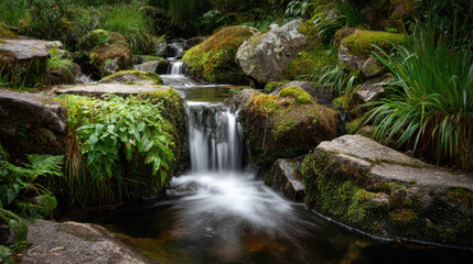 Fototapeta premium Flowing waterfall scene nature reserve photography lush greenery close-up serenity