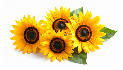 Obraz premium Vibrant sunflowers bloom in a lush arrangement with green leaves
