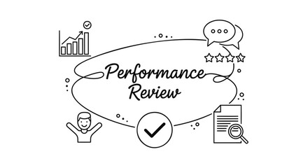Obraz premium Performance review icons, checklist, graph, stars, speech bubble, vector illustration for presentation or website, isolated on transparent background, png
