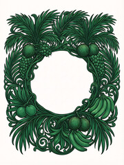 Beautiful and vibrant green tropical wreath with lush leaves and fruits, perfect for adding a touch of nature to your designs