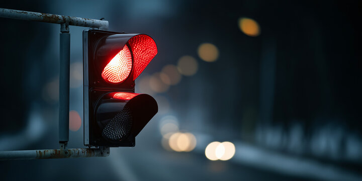 A Close-up shot of a traffic light displaying a red signal at night
