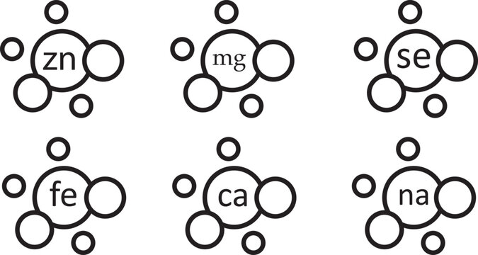 Chemical content icon in line shapes, Ca, Zn, Mg, Se, Fe, Ca, vector. Set of Multi Vitamin und mineral, icons.