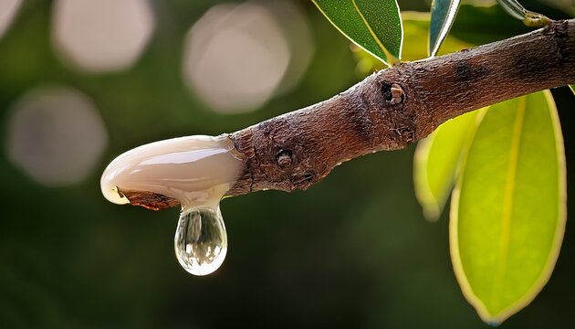 Mastic Gum Tear On The Mastic Tree Branch Closeup Chios Lentiscus Cultivation And Mastiha Resin Drop