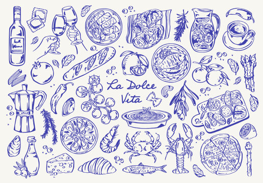 Mediterranean hand drawn whimsical set with Italian food and drink: pasta, pizza, seafood, wine, espresso, citrus, herbs. Blue line sketch for menu, cafe branding and packaging. La Dolce Vita.