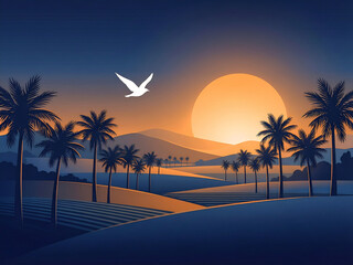 Escape to a serene tropical paradise at sunset with swaying palm trees and a flying bird