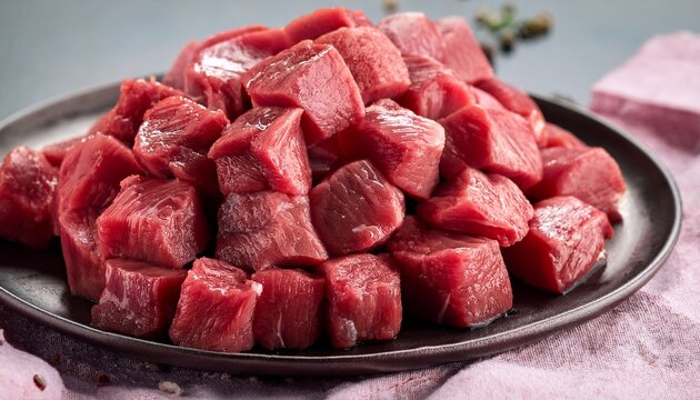 Close Up Of Fresh Raw Diced Beef Or Mutton Cubes Ready For Stewing Or Kebabs
