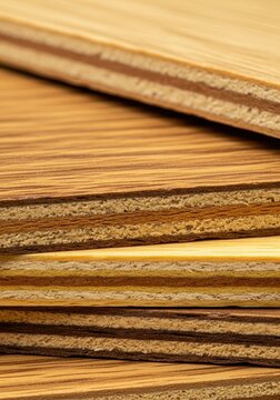 Detailed macro view showing the multiple laminated plies of engineered wood material, emphasizing grain direction and texture, building, manufacturing, texture