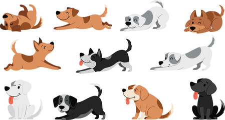 Obraz premium Playful dog character icon set featuring running, stretching, sitting, and lying poses with friendly pets in cute cartoon flat vector style