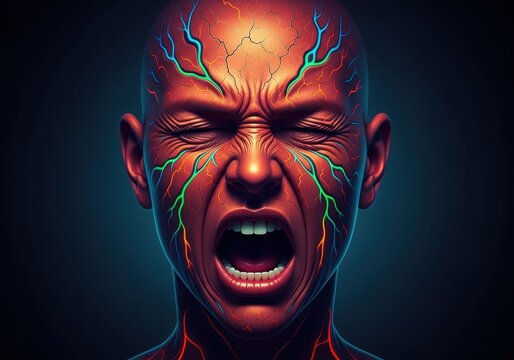 Intense emotional breakdown resulting from overwhelming rage. Fury distorts the features, showing extreme psychic pressure and internal turmoil, wrath, dangerous, discontent
