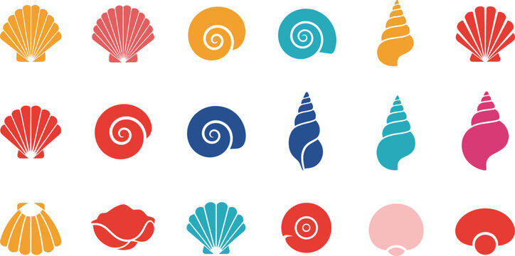 Colorful seashell icon set featuring spiral shells, scallops, conches, ocean elements, and beach decorations in modern flat vector style