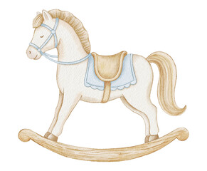 Watercolor rocking horse toy for nursery decor. Vintage wooden pony brings childhood charm. Soft pastel illustration isolated.
