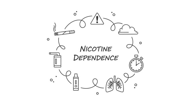 Nicotine dependence concept with cigarette, vape, warning sign, and health icons, vector illustration for awareness campaign or educational material, Isolated on transparent background, png