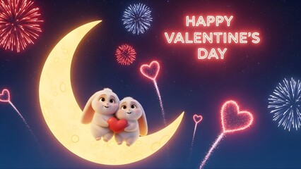 Naklejka premium Cute 3D illustration of two fluffy bunnies sitting on a crescent moon holding a red heart, with fireworks and Happy Valentine's Day neon text against a night sky.