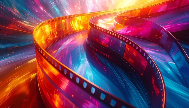 Abstract film reel with colorful light streams creative movie concept