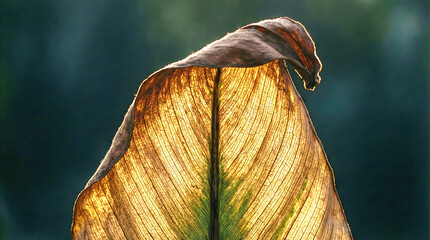 A wilted leaf showcases delicate veins under golden light, capturing nature's fleeting beauty and the cycle of growth and decay