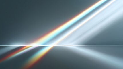 Abstract light beams intersect diagonally, emitting a spectrum of colors ranging from soft blues to bright reds, over a smooth reflective surface, creating a dynamic visual effect