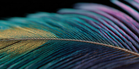 Obraz premium A close-up shot of a colorful feather with vibrant details and textures. The feather showcases shades of blue, green, and purple, highlighting intricate patterns.