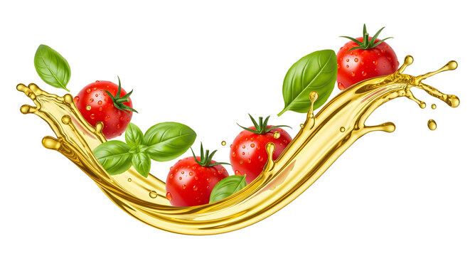 Tomat ceri segar dan daun basil melayang dalam percikan minyak emas melambangkan masakan mediterania premium