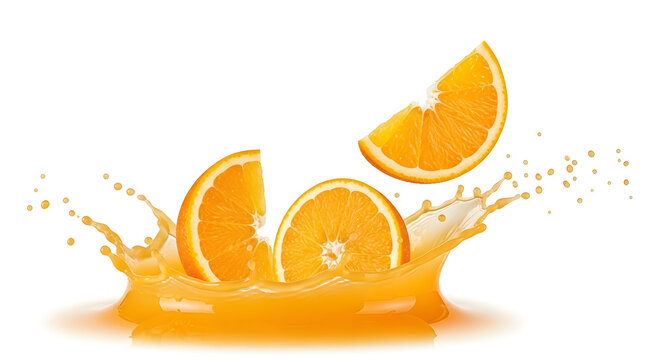 Irisan jeruk segar jatuh ke jus oranye menciptakan percikan cerah melambangkan energi dan kesegaran vitamin