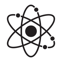 Black vector atom symbol, scientific icon or logo, isolated on transparent background, png