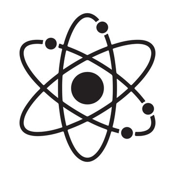 Black vector atom symbol, scientific icon or logo, isolated on transparent background, png