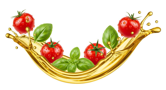 Tomat ceri dan daun basil melayang dalam percikan minyak zaitun emas melambangkan masakan mediterania sehat
