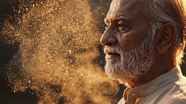 Emotional cinematic portrait of a thoughtful person surrounded by dissolving memory-like light particles, expressing reflection, healing, inspiration, and the beauty of human inner experience.