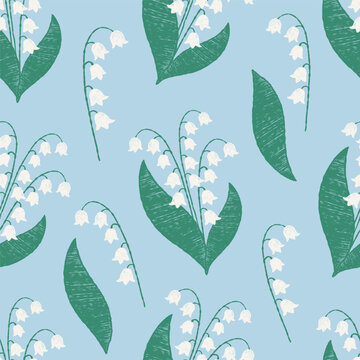 Spring Seamless pattern with lilies of the valley. Floral template with May white forest flowers on blue background. Crayon Hand drawn. Vector illustration for design, packaging and wallpaper