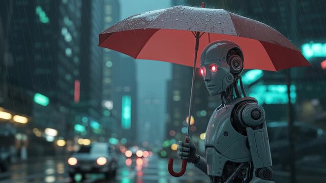 A robot holding a red umbrella in a rainy urban environment.