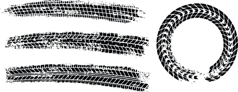 Grunge Tire Track Vector Set &ndash; Car, Motorcycle and Bicycle Tyre Marks Silhouettes Isolated on White