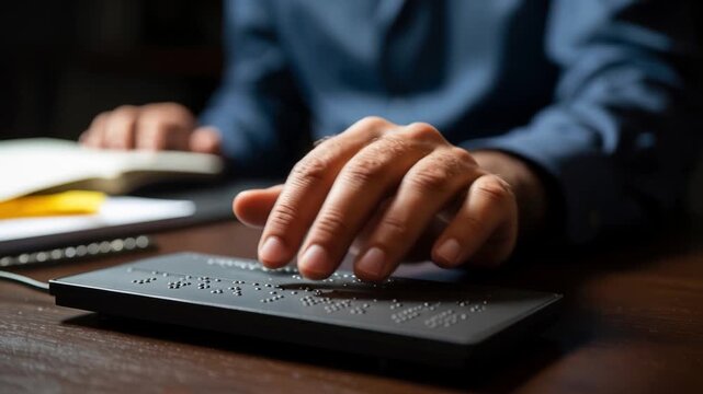 A person using a Braille display while working at a desk with an open notebook.