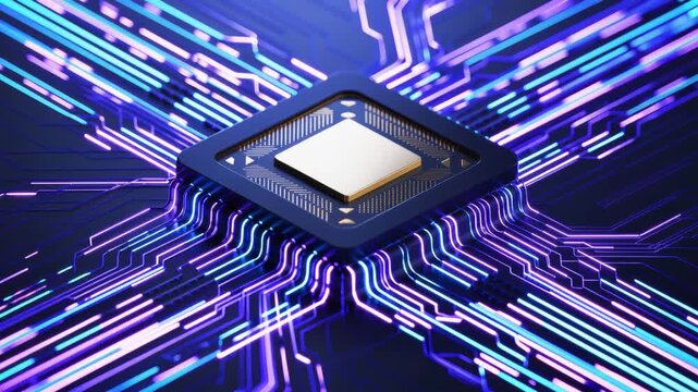 A close-up of a microchip surrounded by colorful circuit patterns.