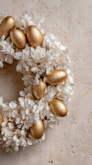 Obraz premium Vertical editorial shot of a high end Easter wreath with golden eggs and white feathers capturing the luxury atmosphere of spring