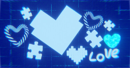 Happy Valentine's Day Banner Greeting Card Lettering Heart Shape Blueprint. 3d render. 