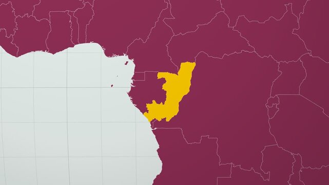 Republic of the Congo map. Animated zoom into the country on the Globe in Pale Mint Dark Pink color palette. Country logo animation with round text and airplanes. Map with meridians, parallels.