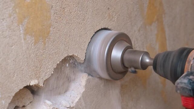 Close-up of an electric drill or hammer drill with a diamond core creating a circular hole in the concrete wall for an outlet, generating a large amount of dust during repairs on the construction site
