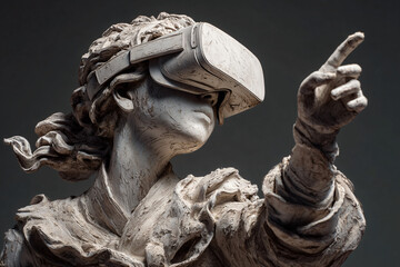 Naklejka premium A marble sculpture of a person wearing a VR headset, pointing forward with a finger, blending technology with art. 