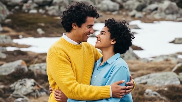 Two people embracing in a rocky outdoor setting with patches of snow in the background.