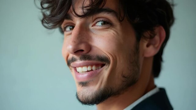 Close-up portrait of his he nice attractive imposing classy cheerful cheery glad guy recruiter showing copy space career development isolated over grey pastel color background fashion editor.