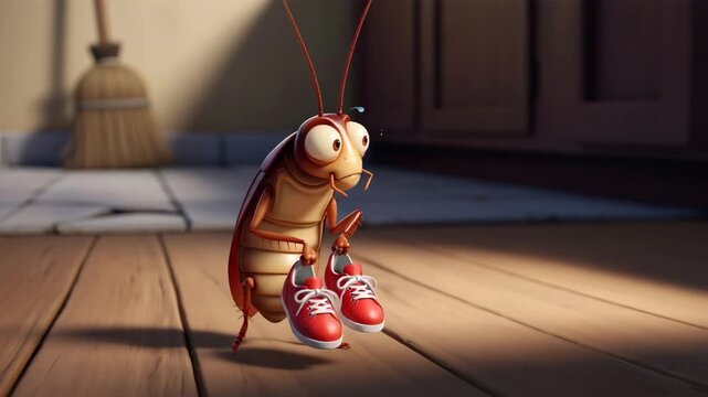 Cartoon style cockroach character carrying red sneakers across a wooden floor, running away from a broom for pest control concept.