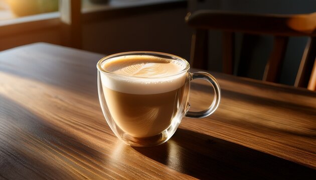 creamy latte in transparent mug rests on wooden table soft morning light casting gentle shadows inviting quiet cozy coffee break