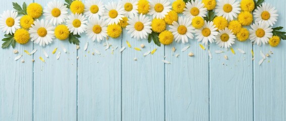 Fototapeta premium Colorful floral arrangement of daisies and yellow flowers on light blue wooden background nature decor fresh and vibrant viewpoint for spring and summer inspiration