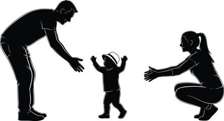Obraz premium Happy family silhouette parents encouraging toddler walking first steps together isolated black vector illustration on white background for adobe stock