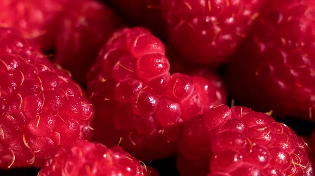 Slow forward motion reveals detailed red raspberry macro texture with glossy tones and natural patterns. The macro background suits food marketing, motion visuals, and creative design applications.