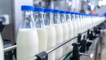 Fototapeta premium Milk bottles on production line in industrial dairy plant facility