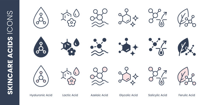 Acid skincare icon set. Hyaluronic, lactic, azelaic, glycolic, salicylic, ferulic minimal vector illustrations. Signs for cosmetic ingredient, chemical molecules in line, duotone and glyph style