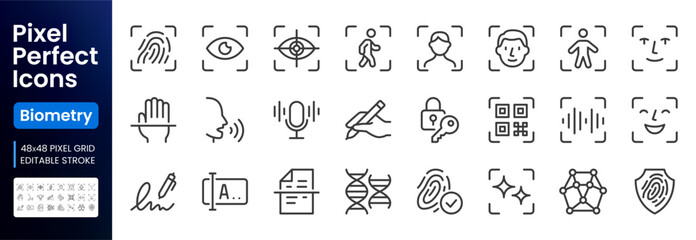 Fototapeta na wymiar Biometric scan line icon set. Eye recognition, face detection mapping, fingerprint minimal vector illustrations. Outline pictograms for identity authentication. 48x48 Pixel Perfect. Editable Stroke