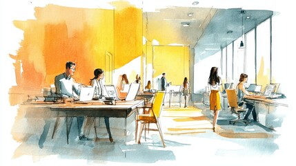 Watercolor illustration of modern business team collaborating in bright office sunlight open desks laptops coffee cups soft textures optimistic mood clean corporate style. 