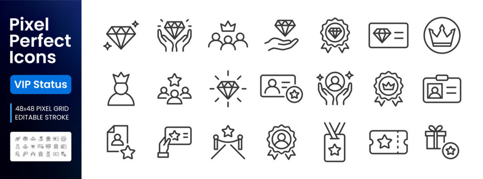 VIP status, loyalty line icon set. Exclusive membership benefit, diamond, premium quality minimal vector illustrations. Simple outline signs for club member. 48x48 Pixel Perfect. Editable Stroke